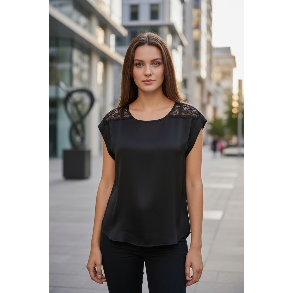 Black Rainn Black Blouse Lace Detail Semi Sheer Women's Size Large NWT